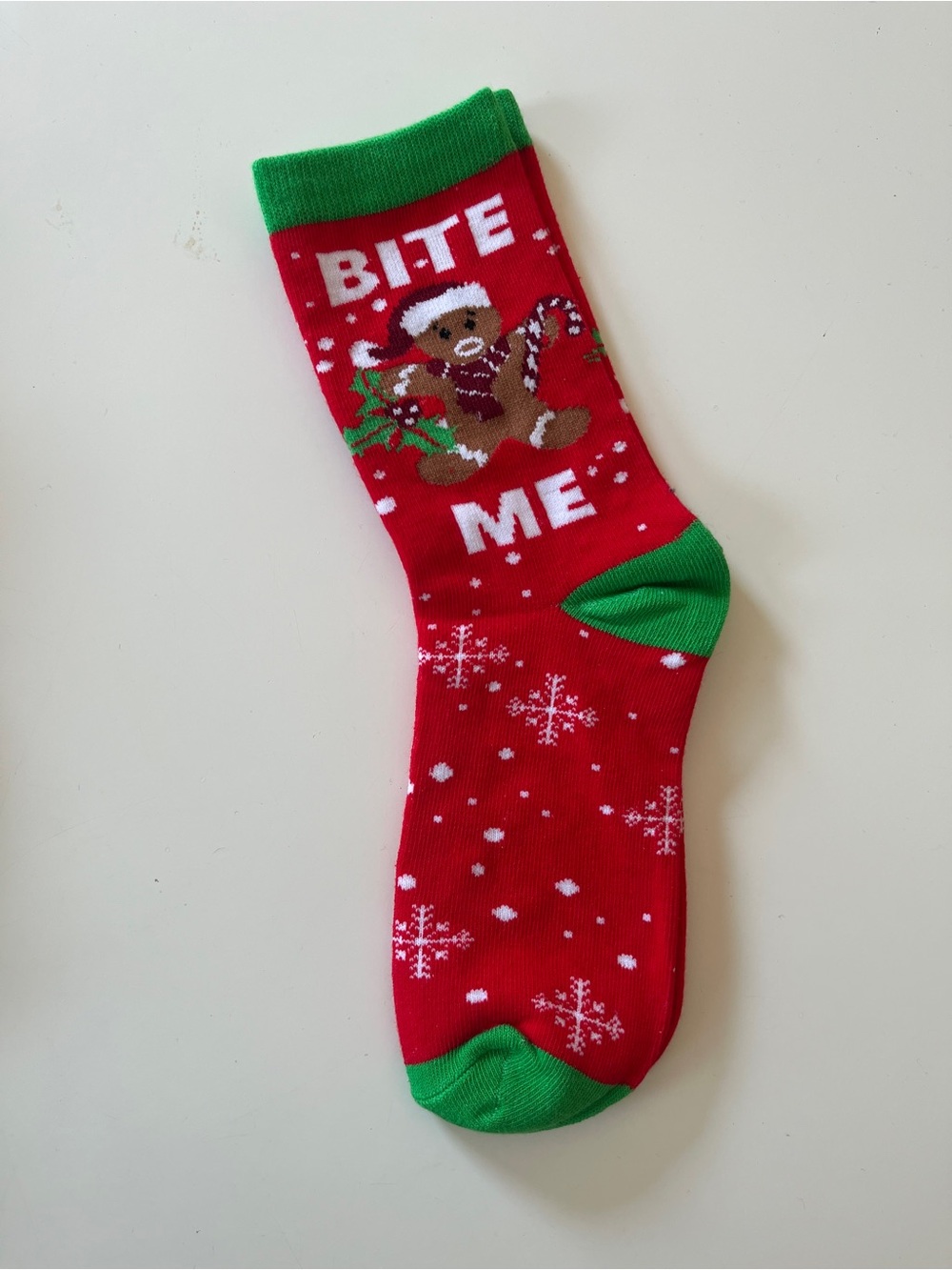 Red Christmas 'Bite Me' Gingerbread Sock with Green Accents